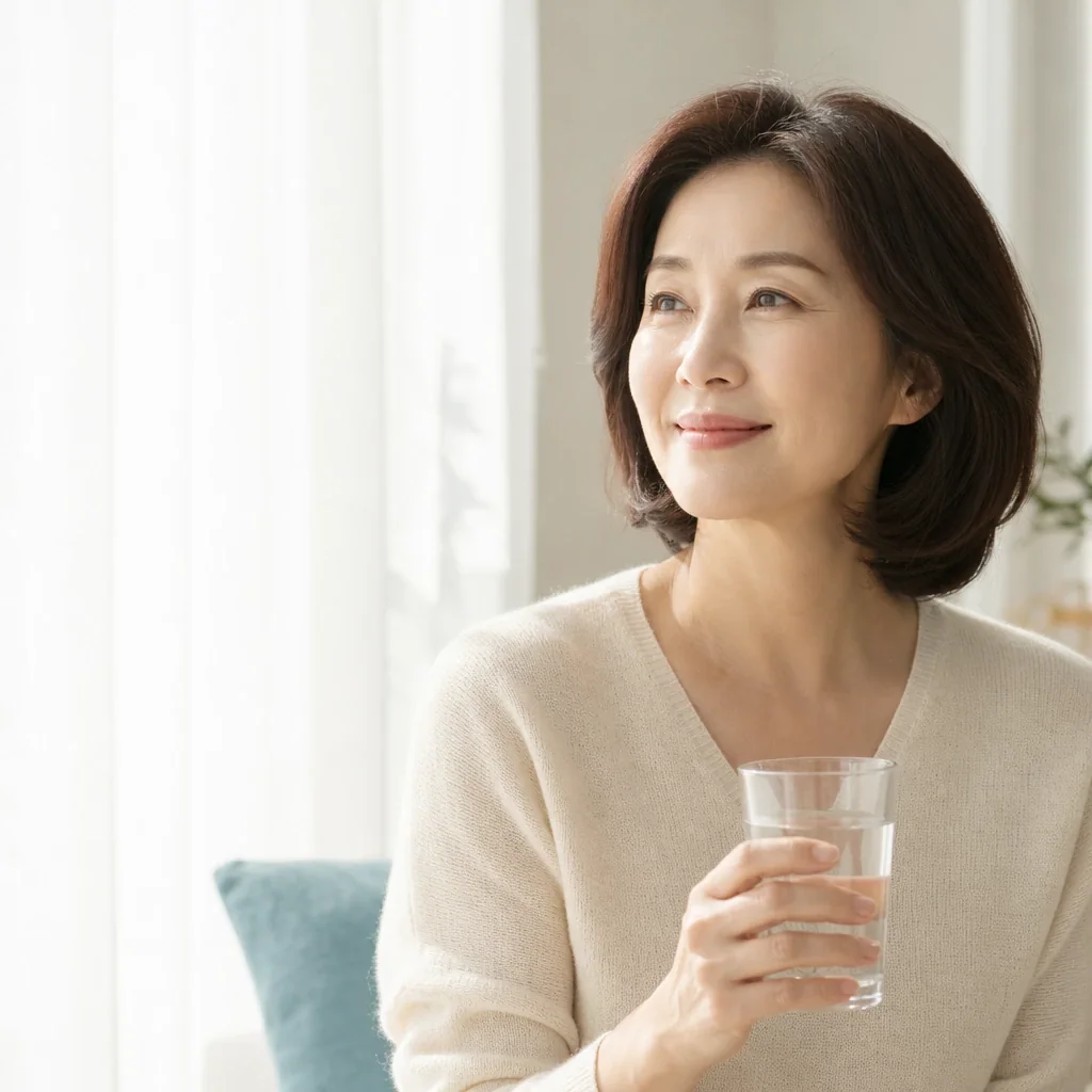 창가에서 물 한 잔을 들고 미소 짓는 중년 여성