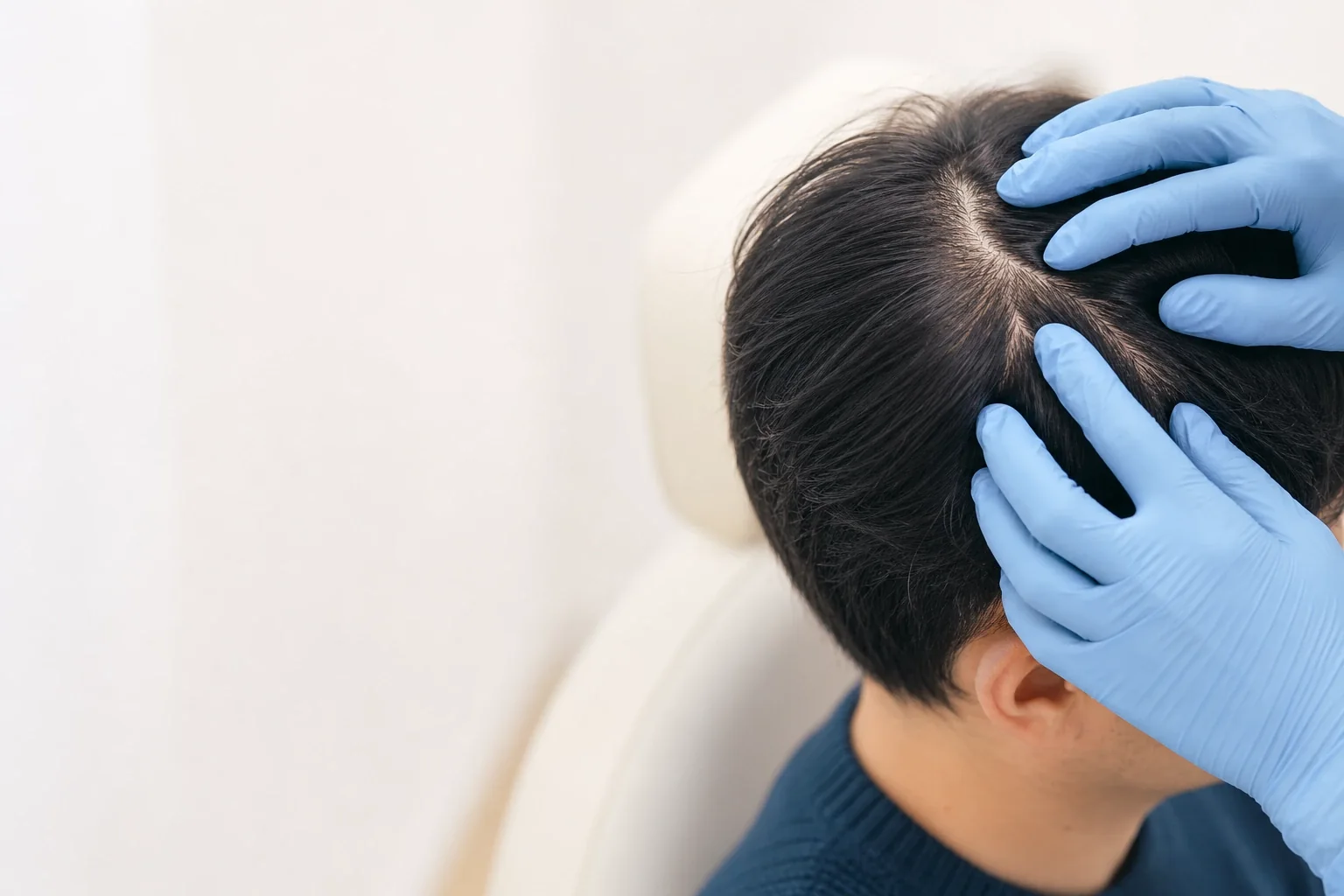 장갑 낀 손이 머리카락을 나누어 두피를 살펴보는 모습