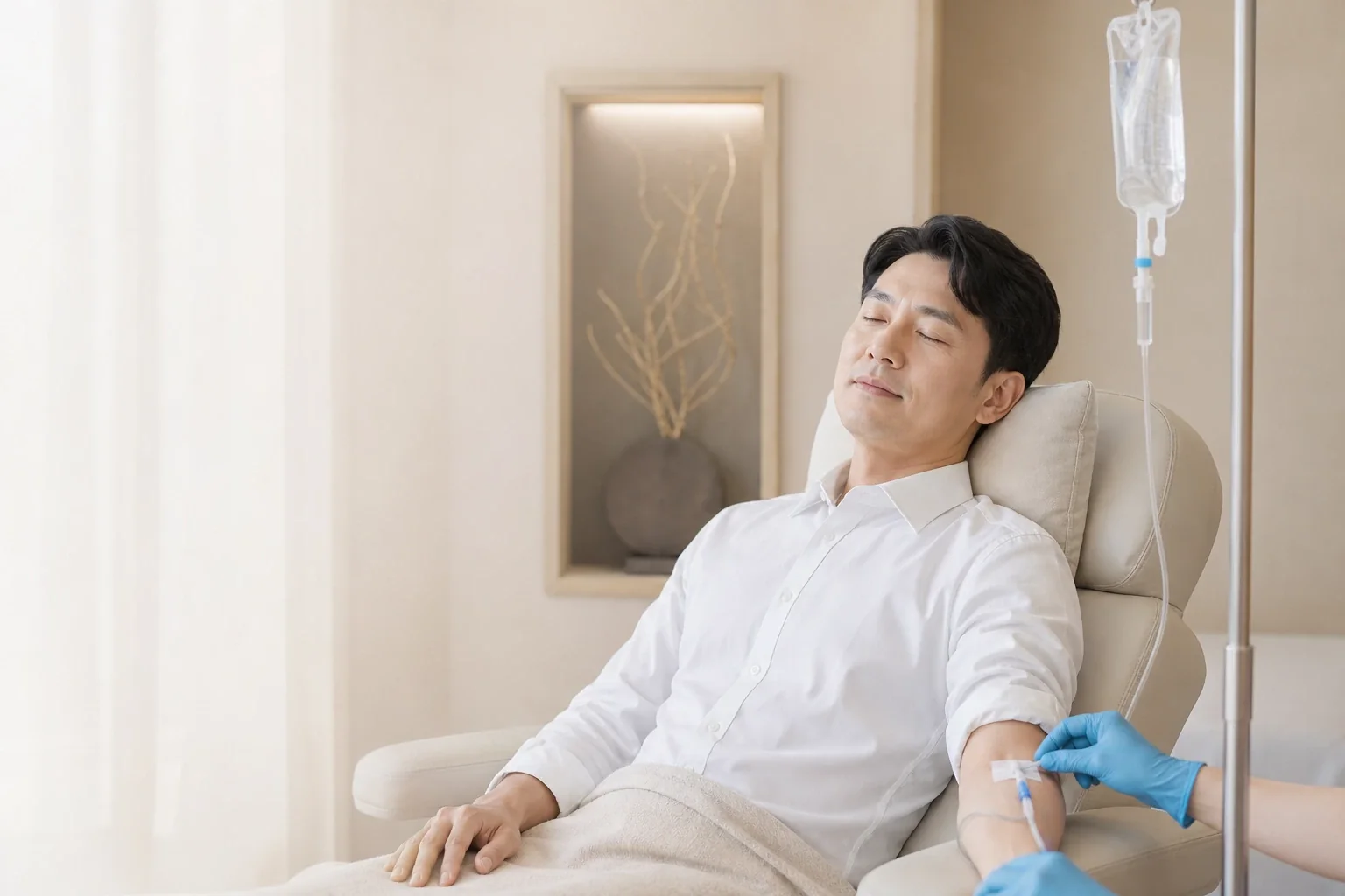 처치실 의자에 기대 앉아 정맥 주사를 맞으며 쉬는 직장인 남성